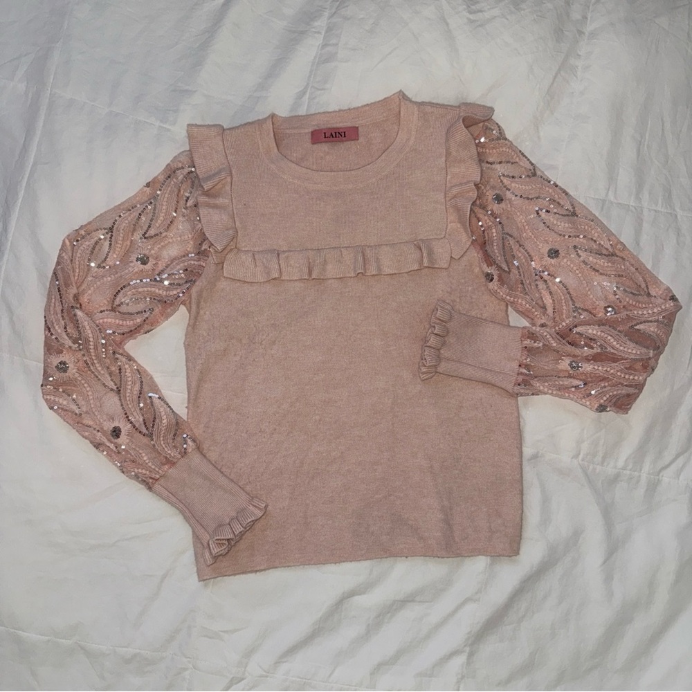 Pink Knit Sweater With Ruffled & Sequin Sheer Sleeves